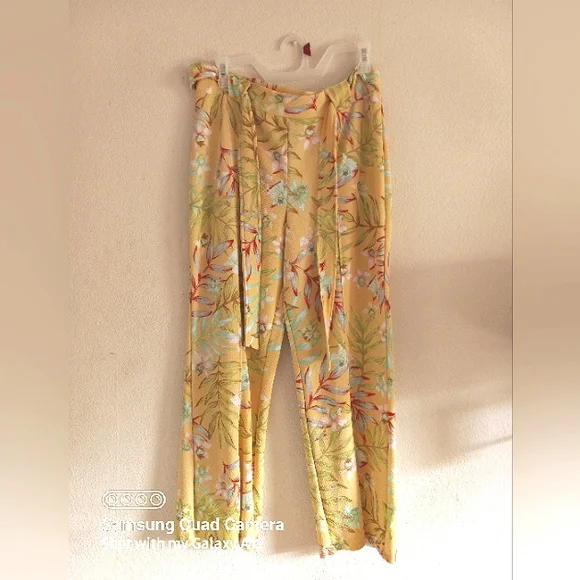 Belted Floral Flow Leg Yellow Pants - Picture 1 of 15